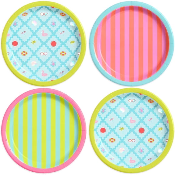 ANHXN Pool Party Paper Plates,  Kids Decorations, Summer Birthday Decor, Stripe Tablescape, Colorful Table Setting