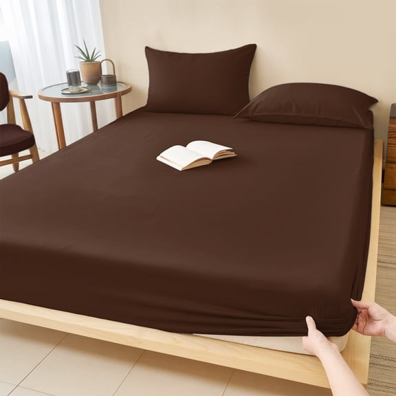 Full Size Fitted Sheet Set - Pure Mocha 3 Piece Bedding Sets 16" Deep Pocket Fitted Sheet with 2 Pillowcases, Modern Solid Color Minimalist Art Brushed Microfiber Hotel Luxury Bed Sheets