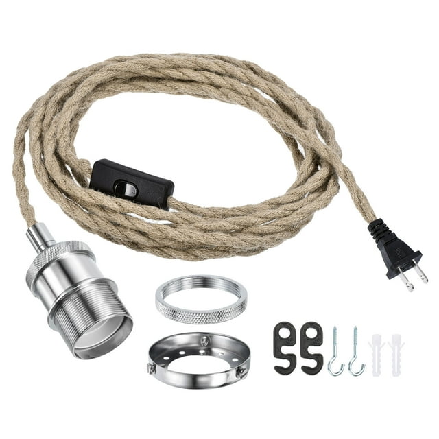 Unique Bargains 15.4Ft Pendant Light Cord Kit, Plug in E26 Socket Hanging Light with Switch Industrial Vintage Twisted Rope, Chrome