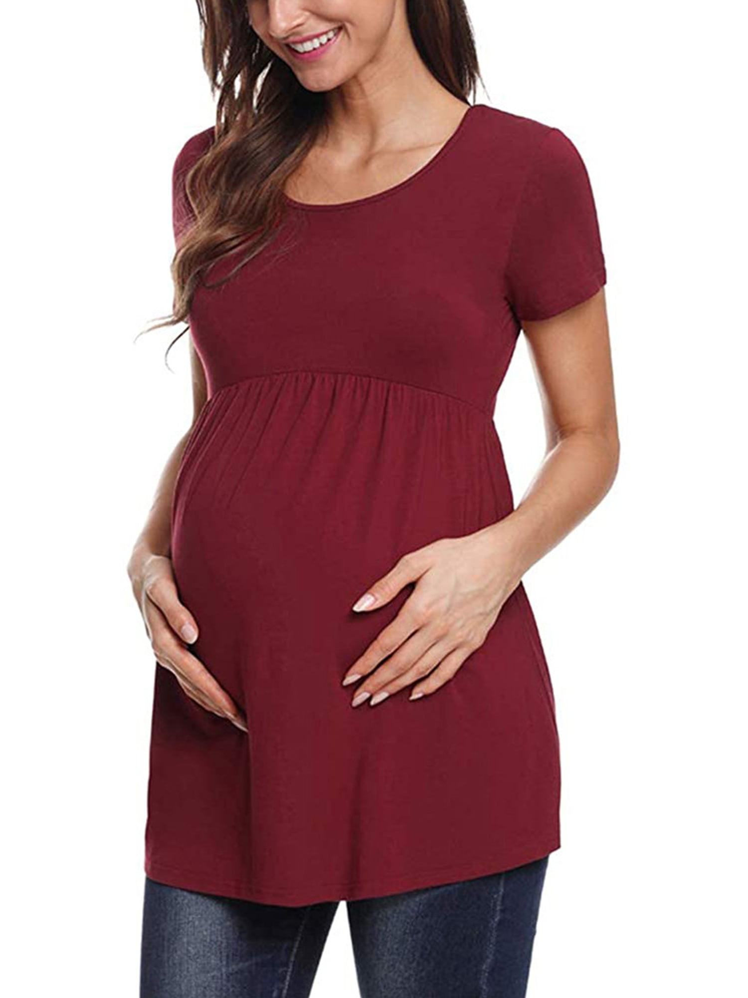 Wine Red Burgundy Short Sleeve Maternity Top Blouse Pregnancy Womens 