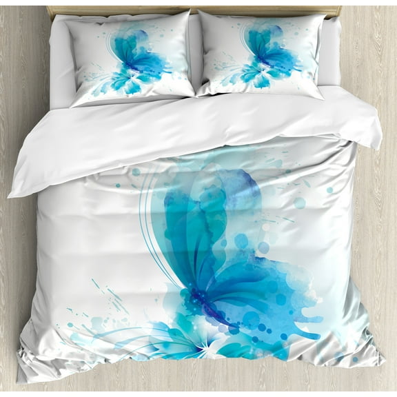 Watercolor Duvet Cover Set, Abstract Blue Butterfly on a Blooming Flower Romantic Design, Decorative 3 Piece Bedding Set with 2 Pillow Shams, Calking Size, Blue Sky Blue White, by Ambesonne