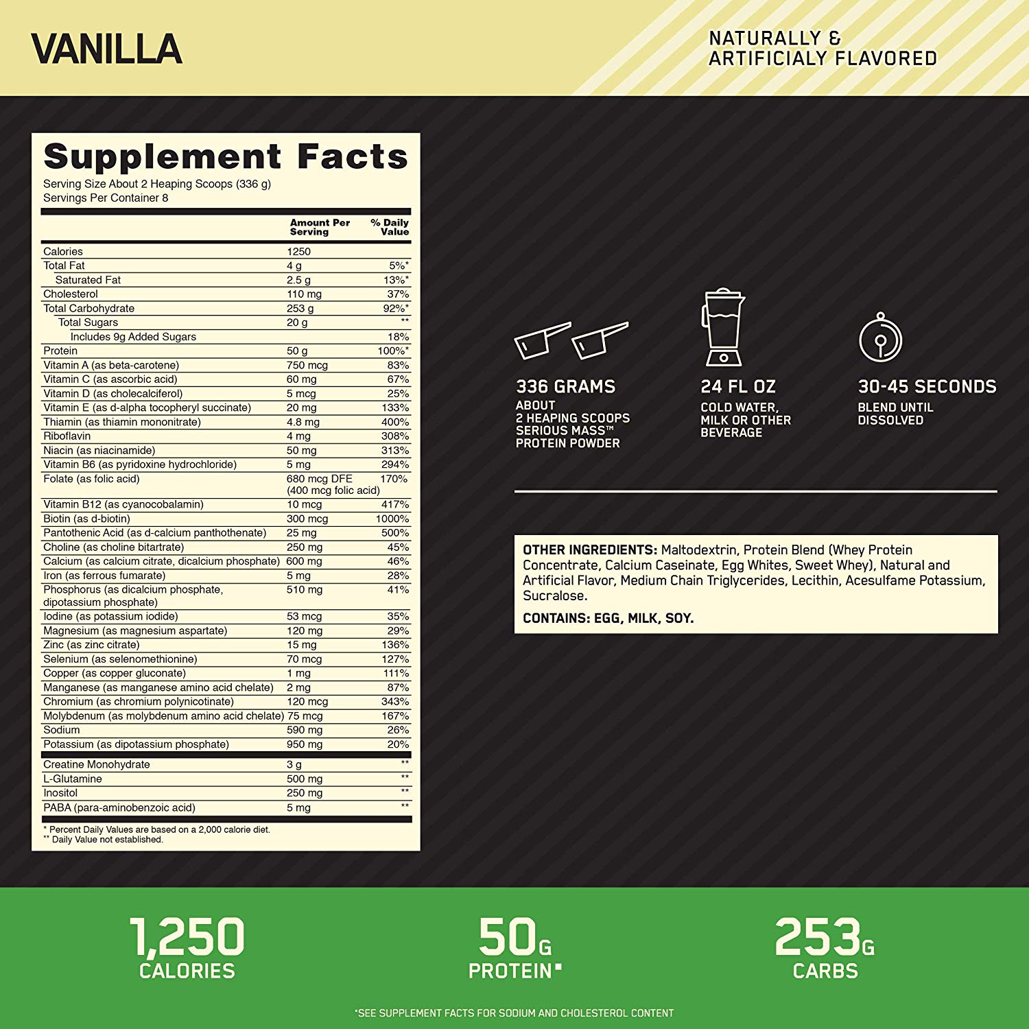 Optimum Nutrition, Serious Mass, Weight Gainer Protein Powder, Vanilla, 6.lb - image 3 of 8