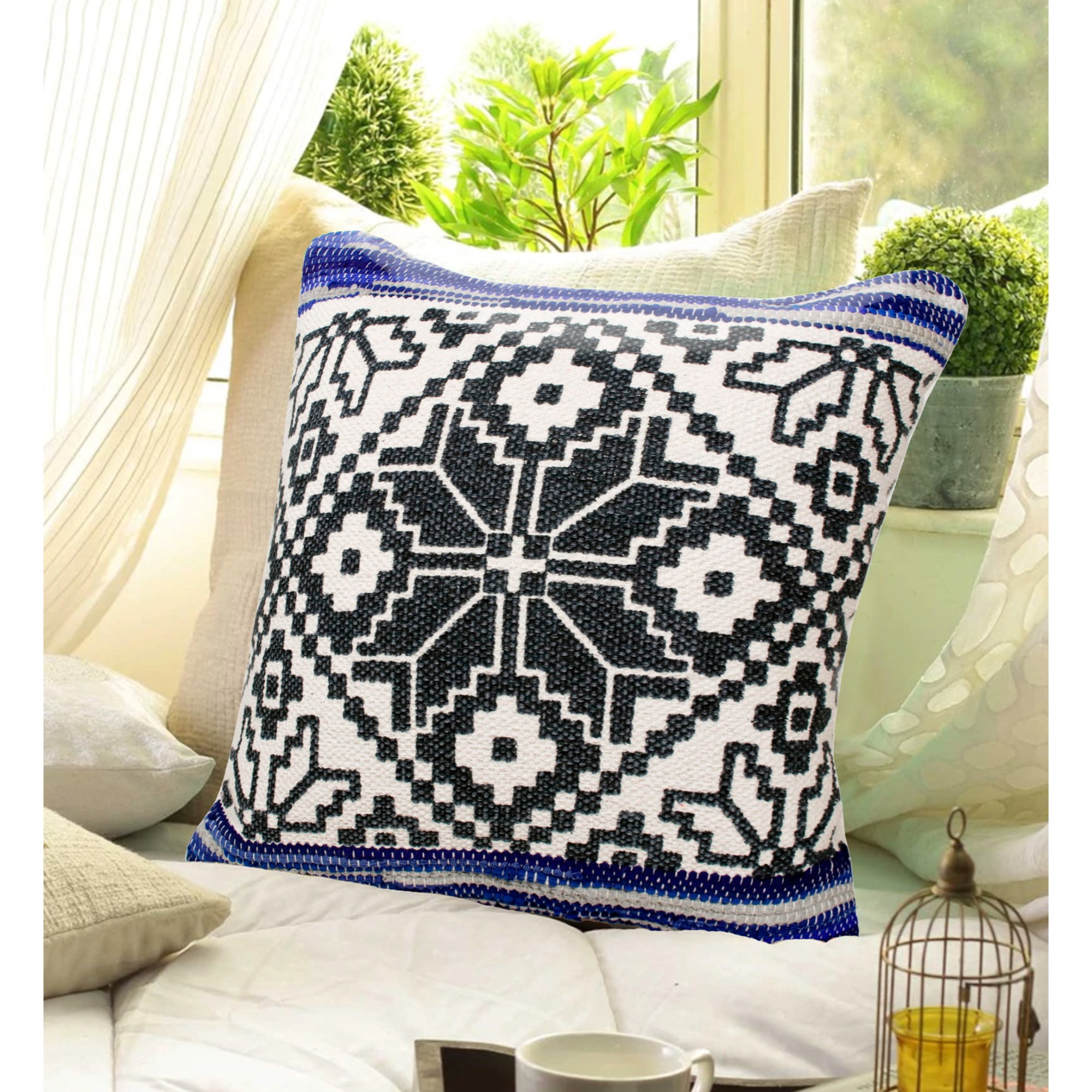 Laddha Home Designs Handwoven Tribal Geometric Throw Pillow Cover - 20" - Blue and Gray