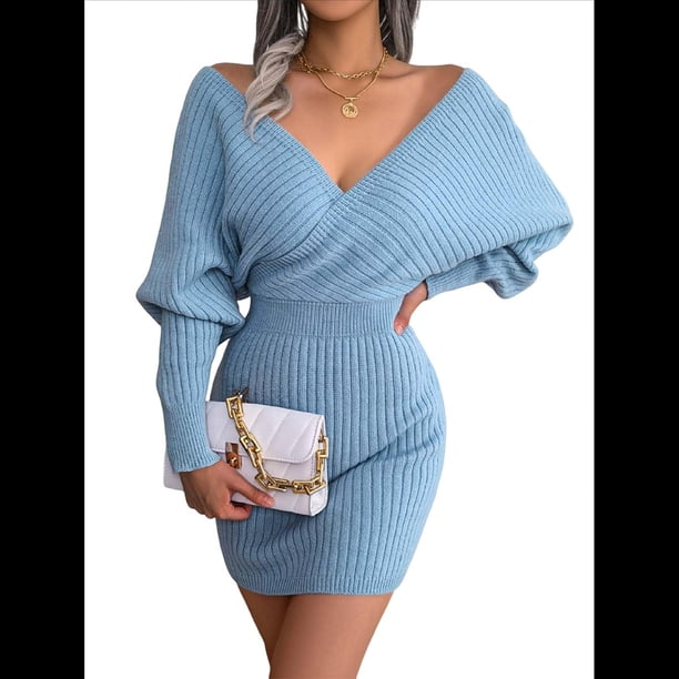 Vestido Mini de Punto Cruzado de Larga con de Murciélago para Cóctel para Mujer Azul S