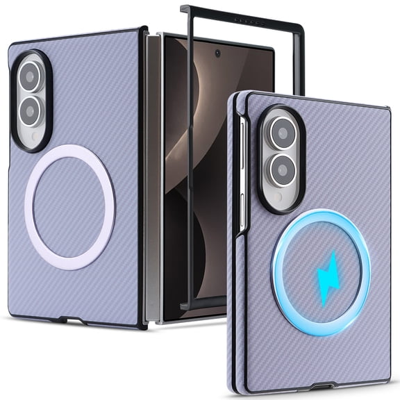 Sanwo for Samsung Galaxy Z Fold 8 case, Carbon Fiber Texture Phone Case with Metal Magnetic Ring, Slim Shock Absorbent Protective Cover, Purple