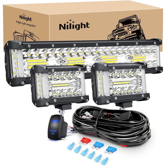 12 inch Side Shooter Led Light Bar and 2PCS 4.3 inch Led Pods with 5Pin Rocker Switch & Wiring Harness Kit,Triple Row off Road Light Bar Spot Flood Combo Light Bar for UTV Truck Tractor Boat