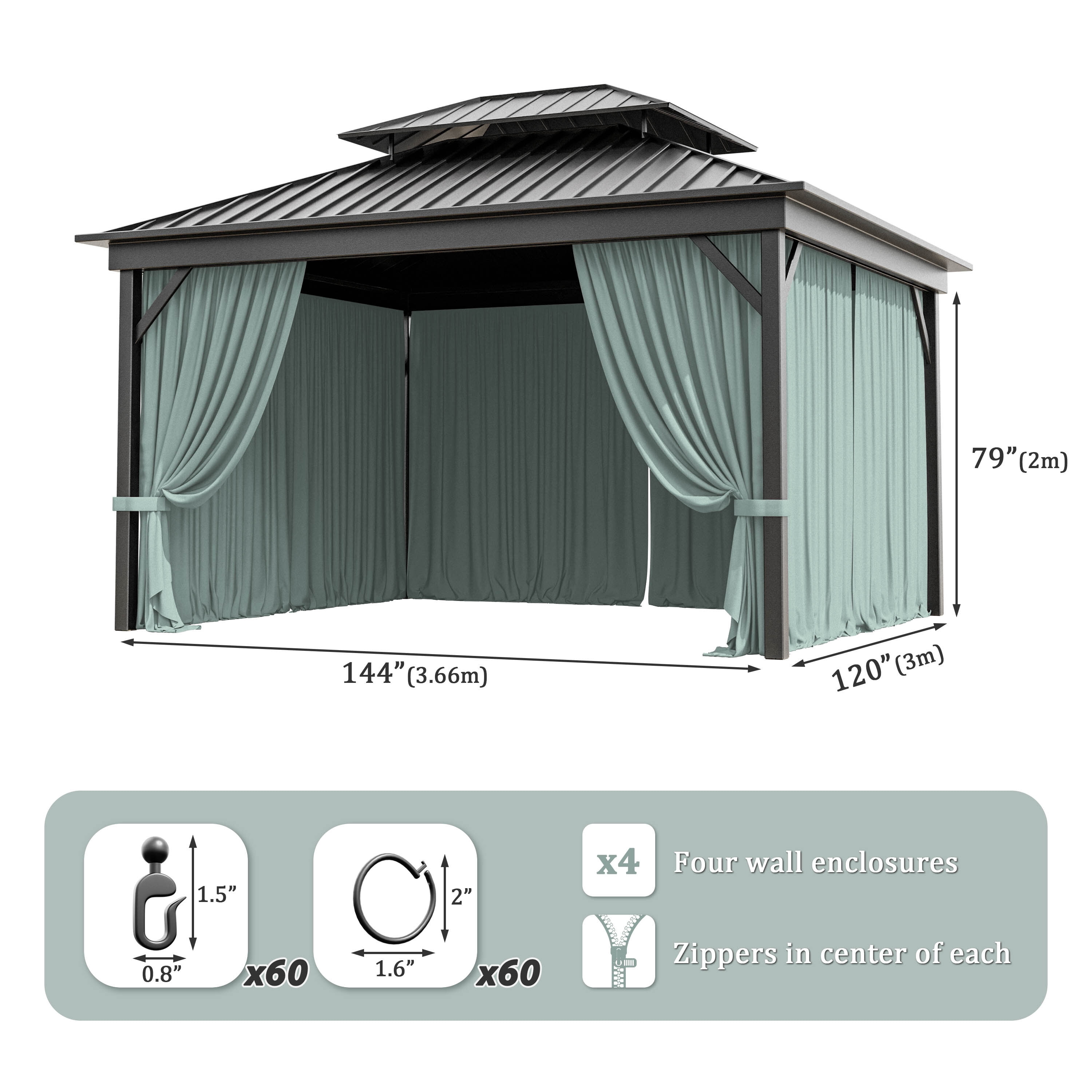 Kimunuk Outdoor Replacement Curtains for 10' X 12' Gazebo, Waterproof 4-Panels Calcite Blue Gazebo Universal Privacy Sidewall Curtains with Zipper for Patio Garden Backyard, Curtain Only