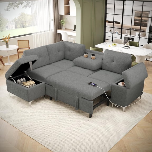 88.2" Convertible Sleeper Sofa Bed with Storage Ottoman, L-Shaped Sectional Sofa with Cup Holder & Charging Stations, Pull Out Sofa Couch with Chaise for Living Room, Grey