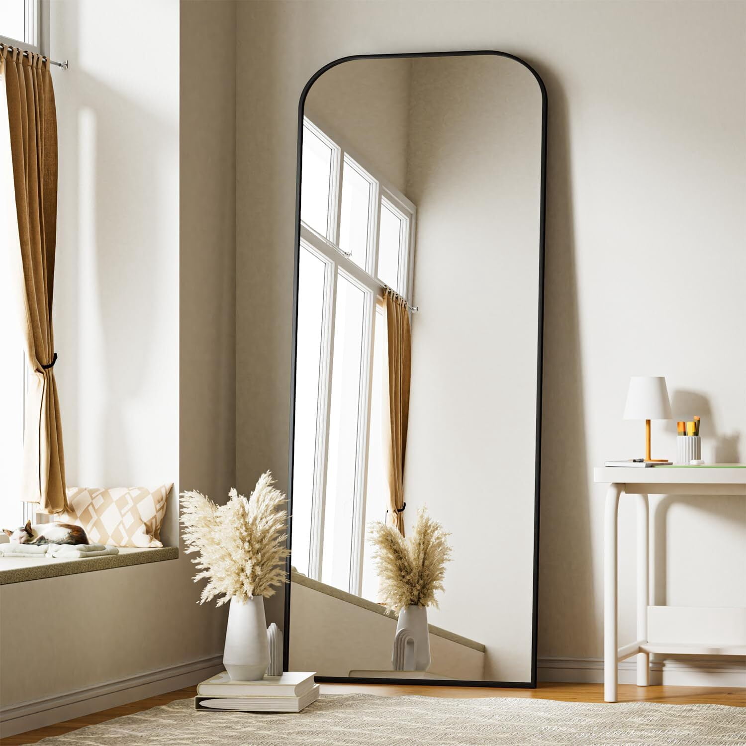 Anyrose 71"x26" Full Length Mirror Rounded Top Floor Mirror with Stand,Black