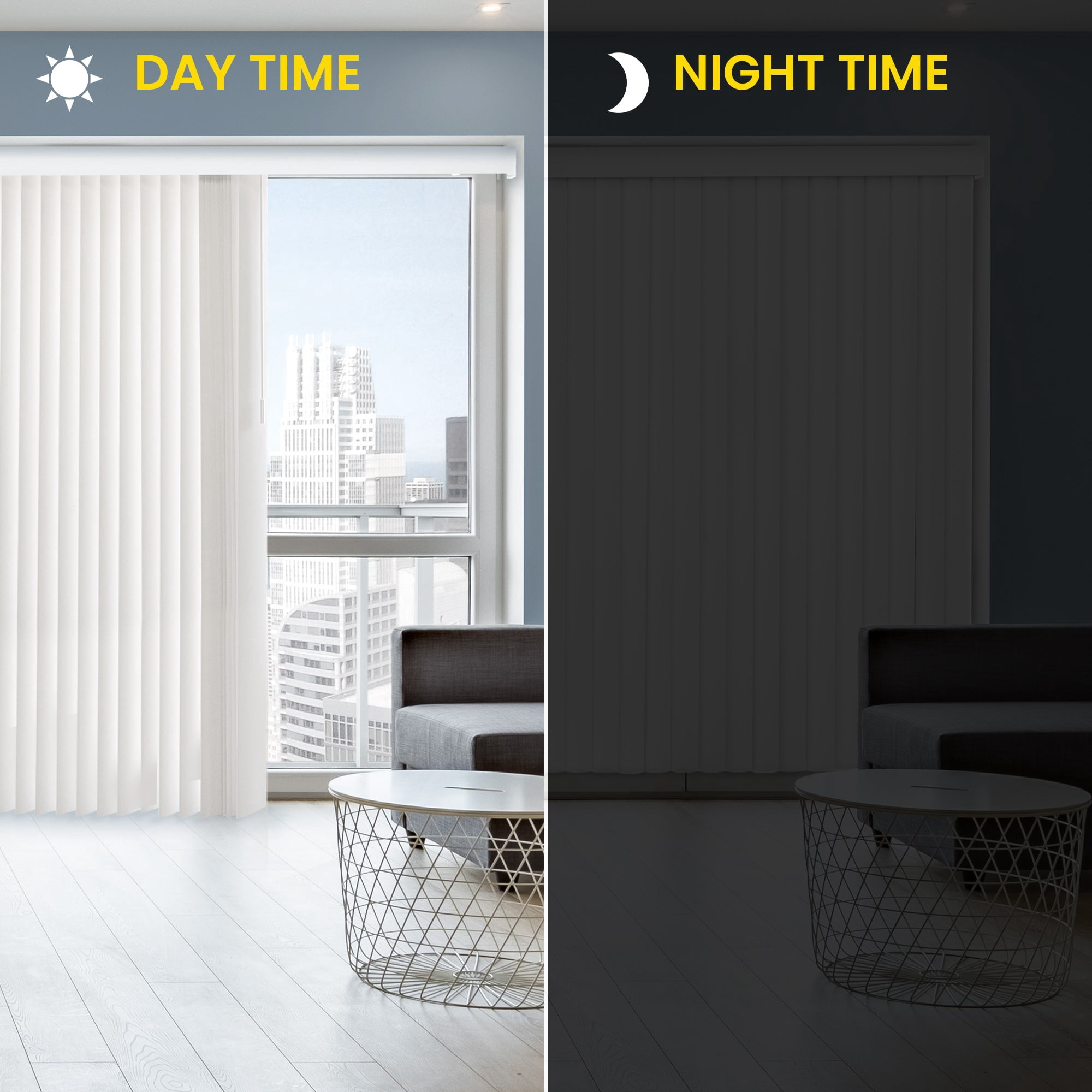 YELLOW BLINDS White Cordless PVC Vertical Blinds for Large Windows & Sliding Glass Doors, 78” W x 84” H, Light Filtering or Room Darkening, Easy Install, Modern Valance, Moisture-Resistant Shades