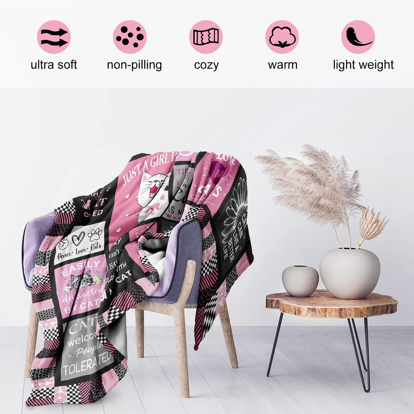 Cozy Cat Themed Flannel Throw Blanket Perfect Gift for Cat Lovers Women & Girls Soft Warm & Machine Washable Pink Striped Design