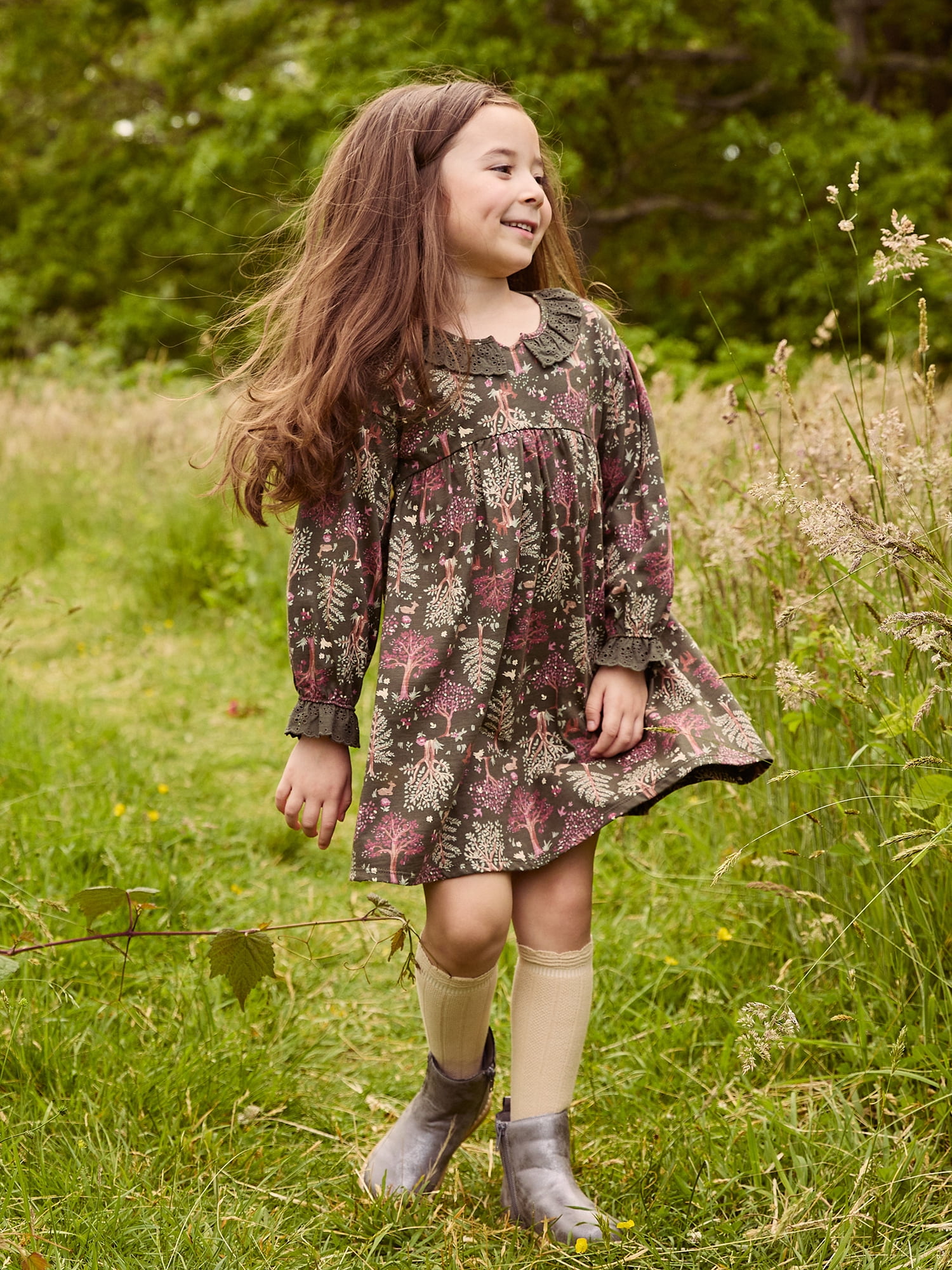 Modern Moments by Gerber Toddler Girl Dress with Neck Ruffle and Embroidery, Sizes 12 Months - 5T
