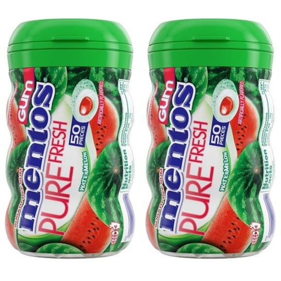 Mentos Watermelon Sugar Free Chewing Gum with Xylitol, 2 Pack (50 Pieces Each)