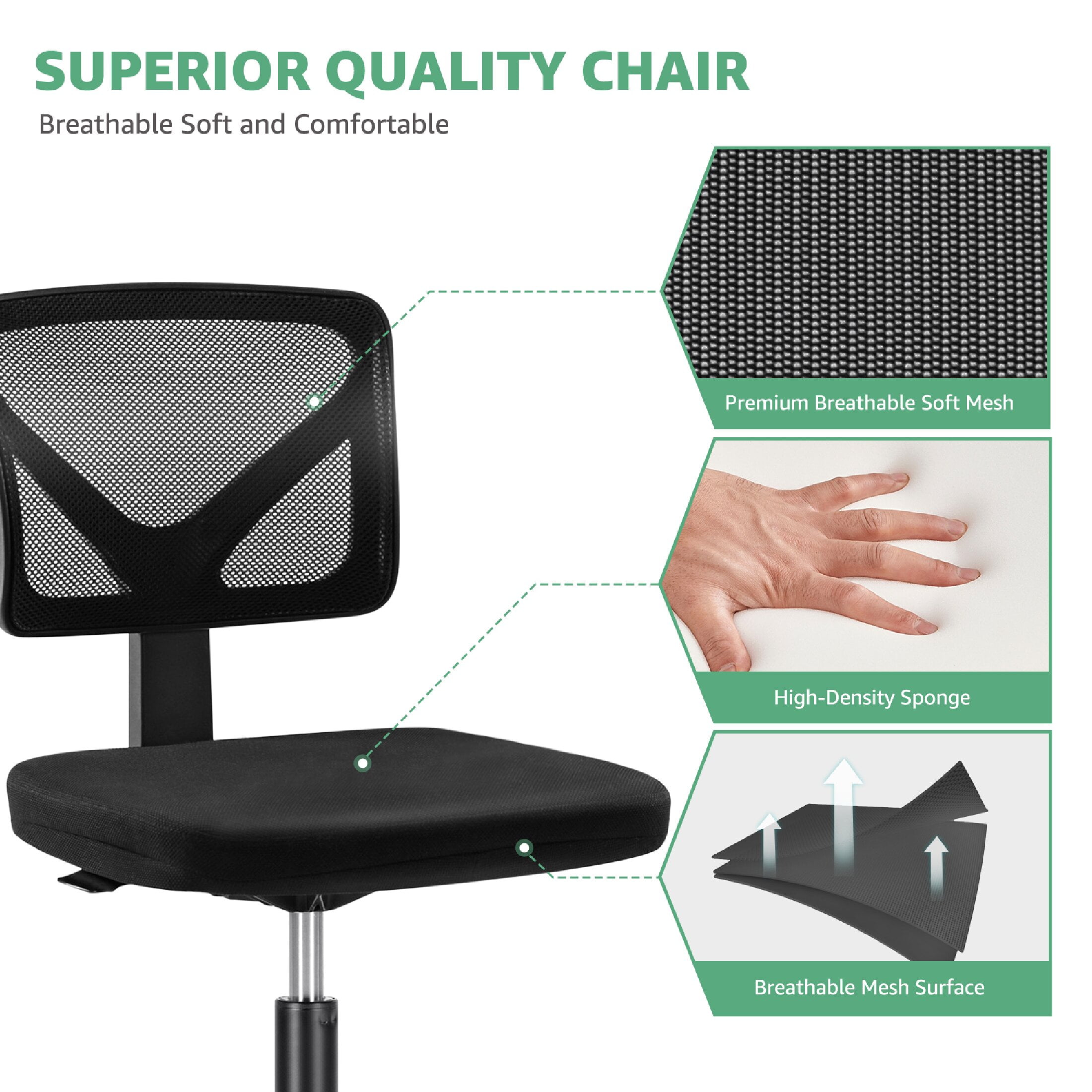 CONCETTA Armless Office Computer Desk Chair, Ergonomic Low-Back Mesh Rolling Work Swivel Chairs with Wheels, Black