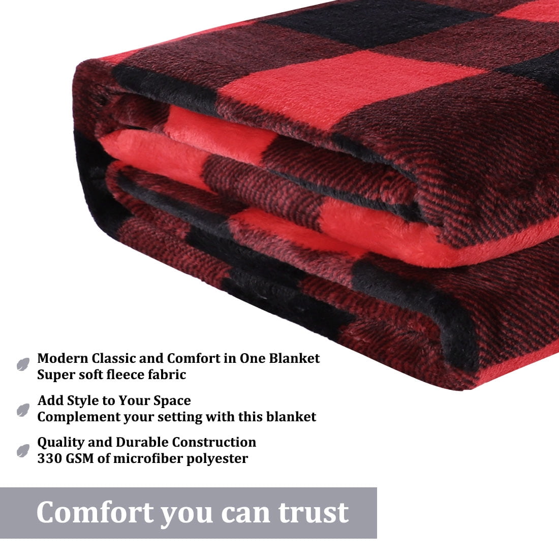 Plaid Soft Plush Fleece Blanket for Sofa Couch Bed, 30" x 40", Scarlet+Black