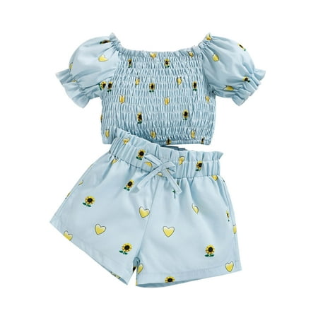 

Fesfesfes Toddler Baby Girls Fashion Cute Heart Flowers Print Puff Sleeves Pleated Top Shorts Suit