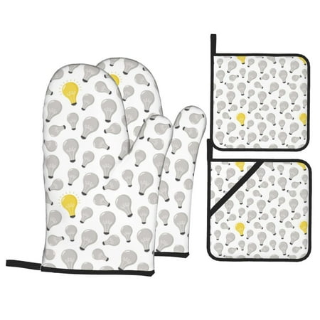 

Oven Mitts and Pot Holders Sets 4 pcs grey Light Bulb Pattern Non-Slip Oven Gloves Potholders Soft Quilted Lining Heat Resistant Gloves Hot Pads for Kitchen Cooking Baking