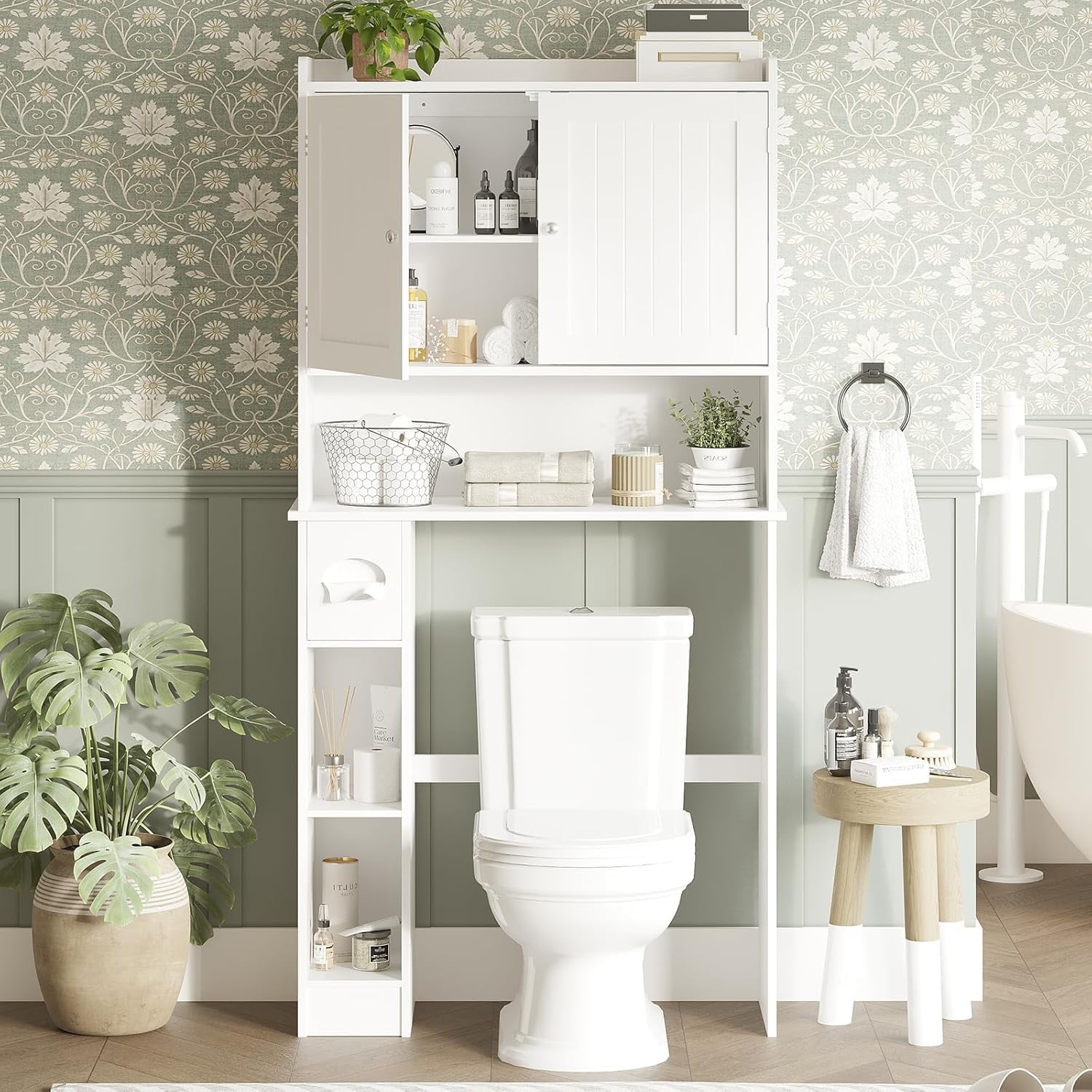 Twister.CK Over The Toilet Storage Cabinet with Toilet Paper Holder Double Door Bathroom Organizer Shelf with Adjustable Shelves, White