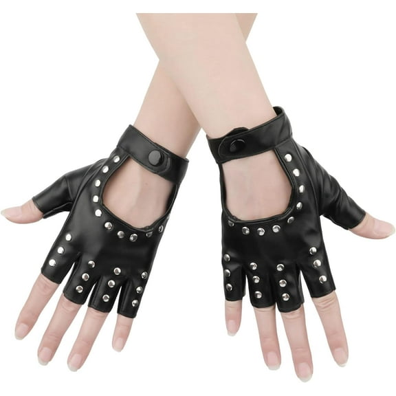 YooGuoGuo 1 Pair Half Finger Leather Gloves, Stylish Fingerless Leather Gloves Biker Punk Gloves for Halloween Women Girls Cosplay Performance (Black)