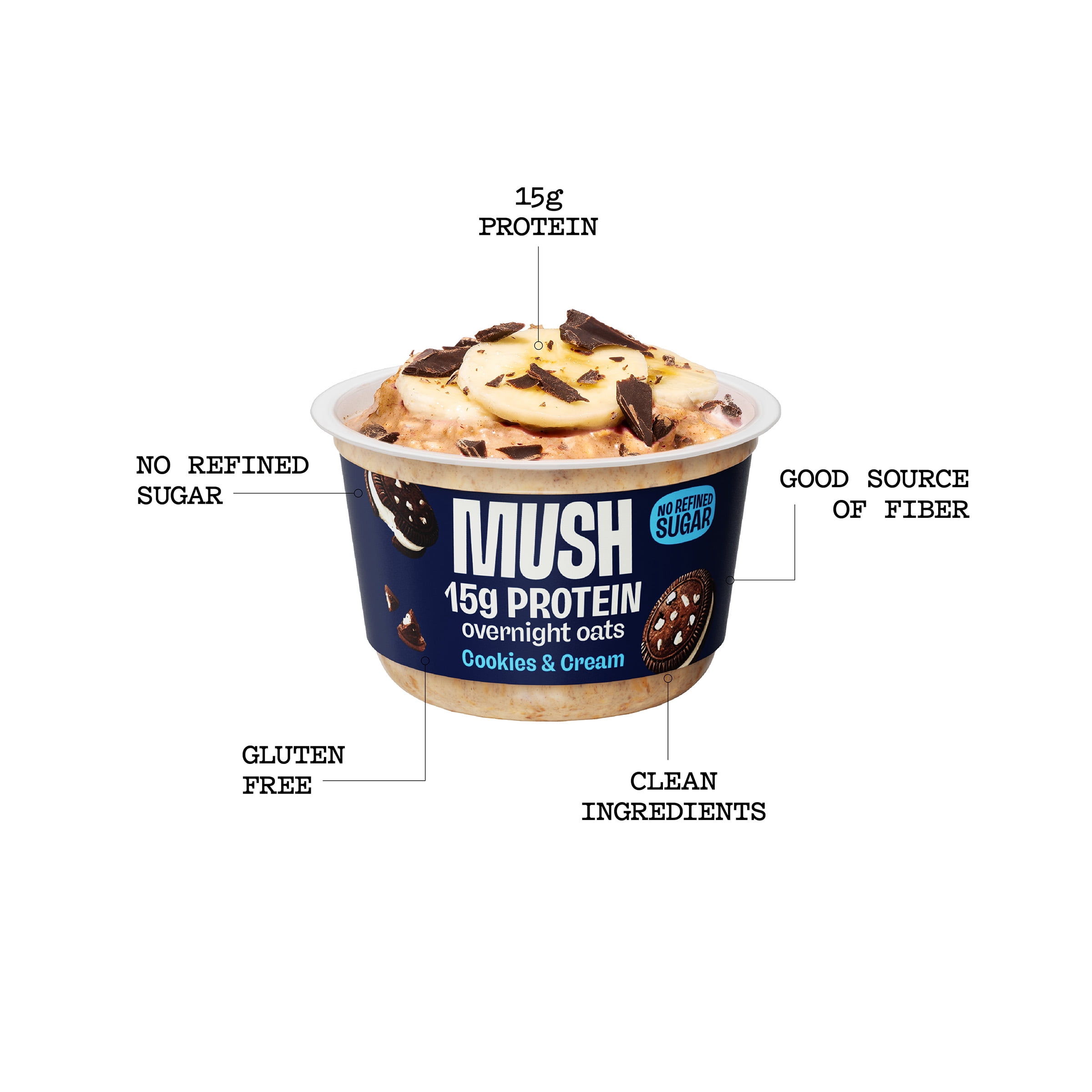 MUSH Overnight Oats Cookies & Cream, 15g Protein, 5.5 oz Cup (Refrigerated)