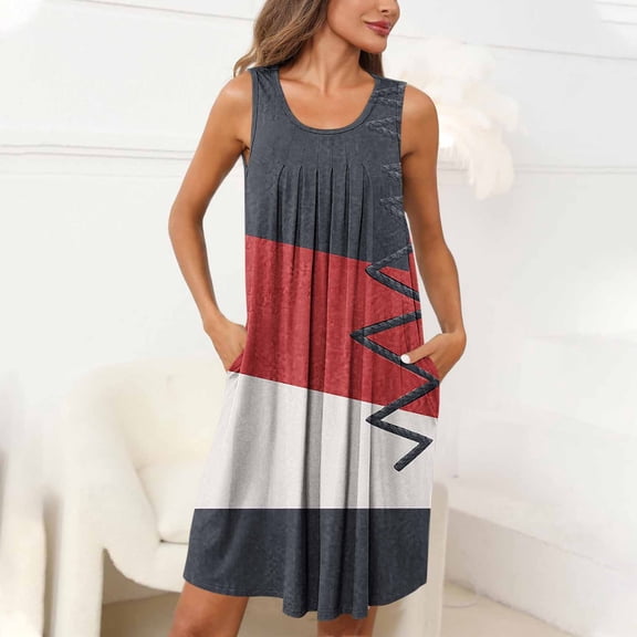 Fznquz Sleeveless Ladies Nightgowns Casual Sleepwear Lounge Dress Crew Neck Color Block Black Womens Night Shirts with Pockets