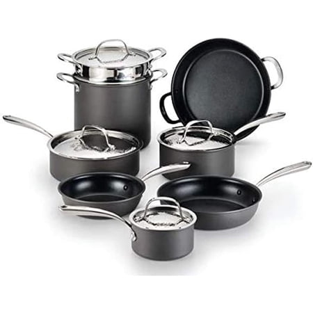 Nera Hard Anodized Nonstick 12- Cookware Set with Hammered Stainless , Dishwasher Safe,Grey
