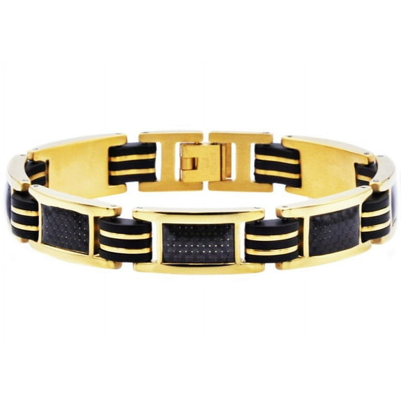 Polished Gold Stainless Steel Black Carbon Fiber with Black Rubber 8.5’’ Men’s Link Solid Bracelet