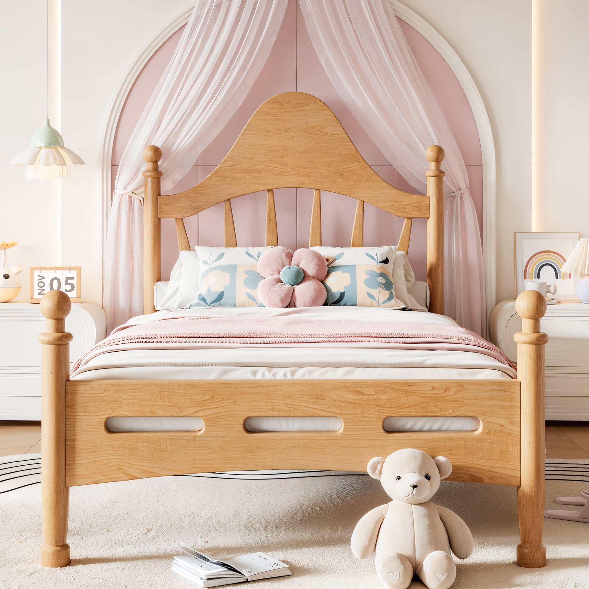 Leumius Twin Size Platform Bed with Chic Headboard, Solid Wood Bed Frame with Slatted Support, Low to Ground Design for Bedroom Natural