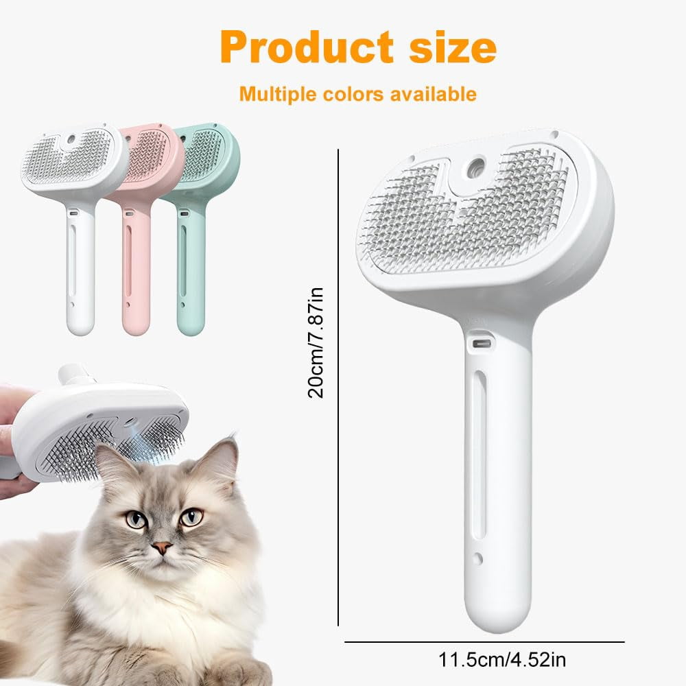 Pet Spray Hair Removal Comb,Upgraded 3 in 1 Cat Steam Brush, Self Cleaning Cat Steam Brush, with Water Tank and Release Button, Pet Steam Brush for Dog and Cat (White)