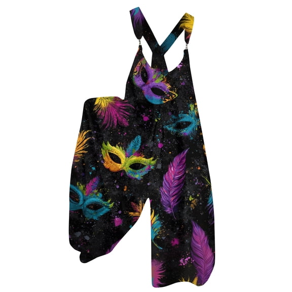 Fgvctg Mardi Gras Jumpsuits for Women Overalls Sleeveless Carnival Party Spaghetti Straps Overalls Adjustable Wide Leg Pant Mask Graphic Bib Overalls Romper Sprimg Pant With Pockets Navy XXXL