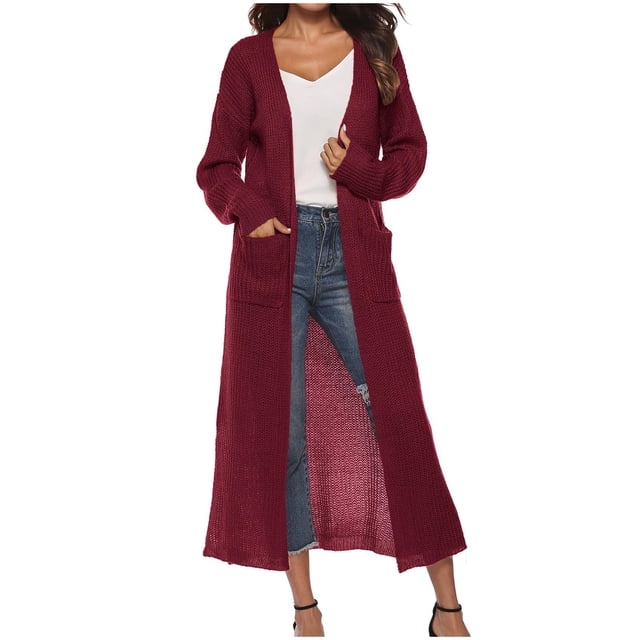 Timegard Cardigan Sweaters for Women Solid Color Open Front Knit Jackets Side Split Long Coat Fall Fashion