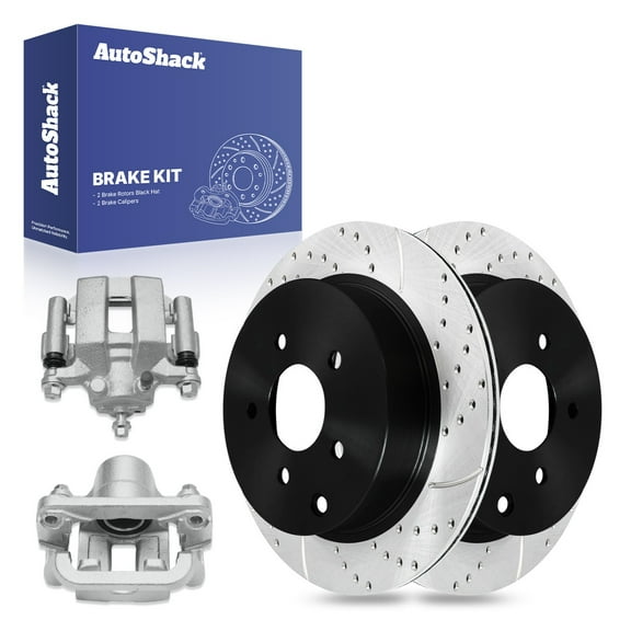 AutoShack Rear Vented Drilled & Slotted E-Coated Brake Rotors   Calipers 4-PC Brake Kit Replacement for 2003-2007 Nissan Murano 2004-2009 Nissan Quest ShadowGuard 12.12" (307.8 mm)