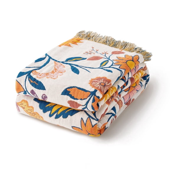100% Cotton Muslin Throw Blanket, Reversible Boho Floral Woven Design, Lightweight Farmhouse Blanket for Couch, Sofa or Bed, 50" x 60"