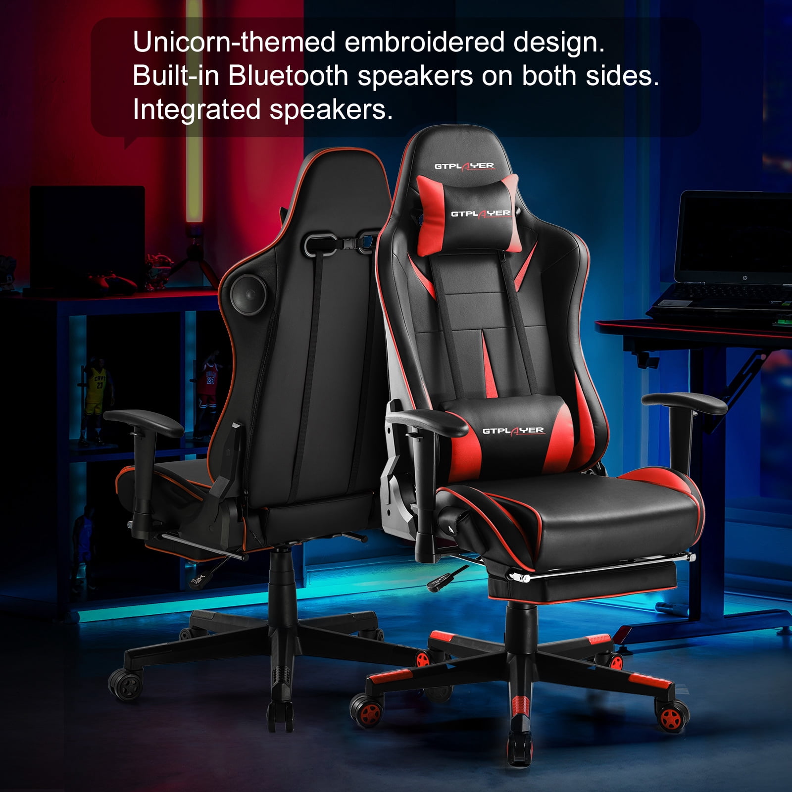 GTRACING Music Gaming Chair with Footrest Ergonomic Reclining PU Leather Office Chair, Red