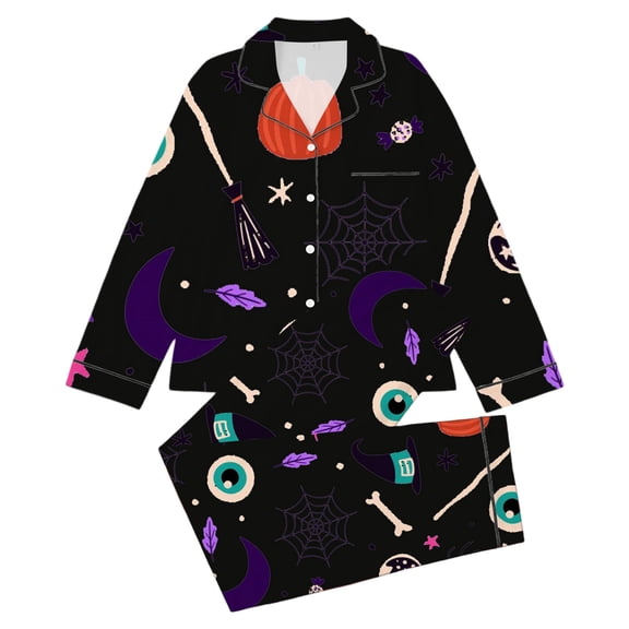 WOYY Girls Halloween Pajama Set Notch Collar Long Sleeve Shirt with Pants PJs, Sizes 3-14