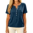 thumbnail image 5 of Short Sleeve Tops Women Summer Henley V Neck T Shirts Casual Color Block Raglan Shirts Cotton Baseball Tunic Tees Dark Blue L, 5 of 7