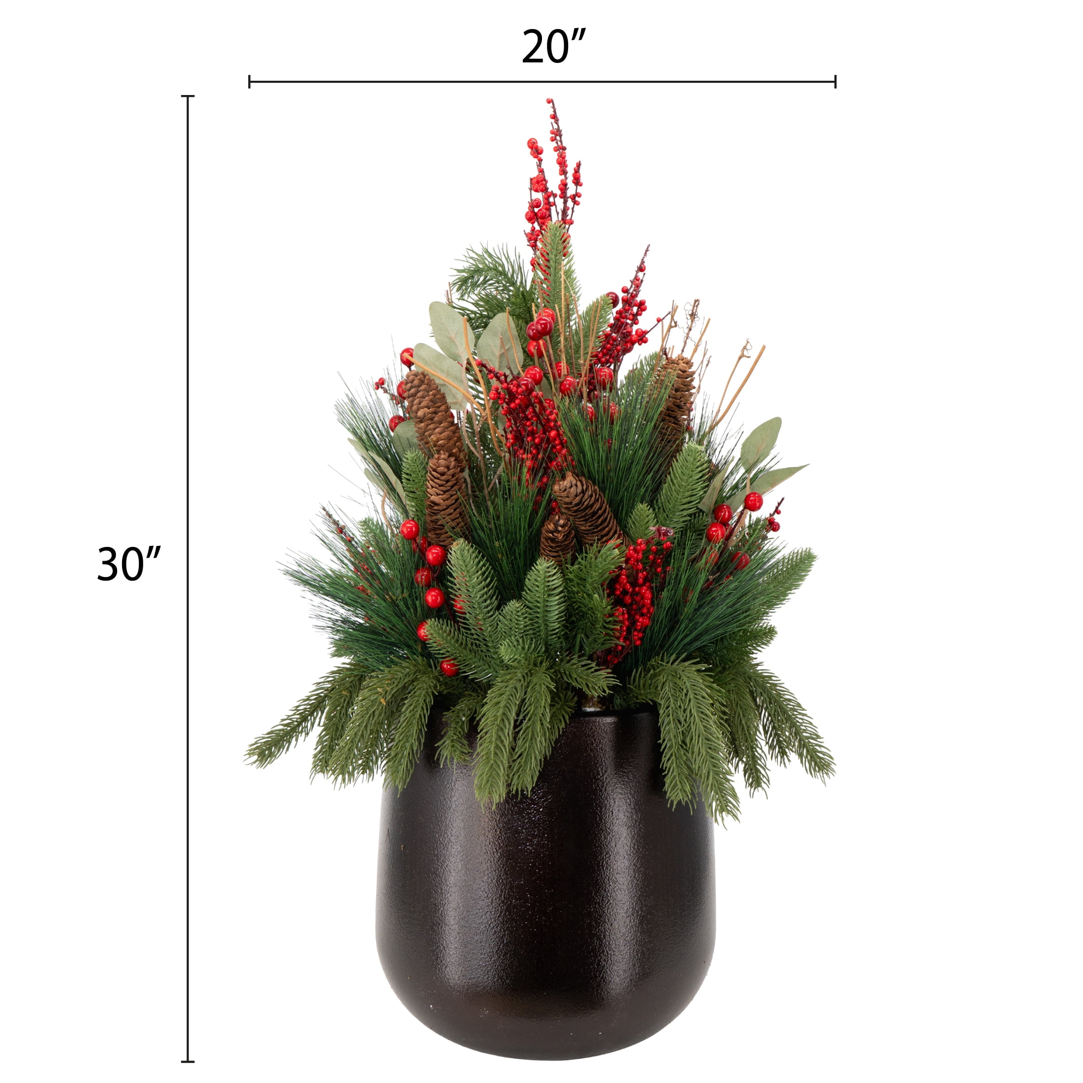 My Texas House Greenery and Berries Christmas Arrangement in Pot, Red/Green/Black, 30"
