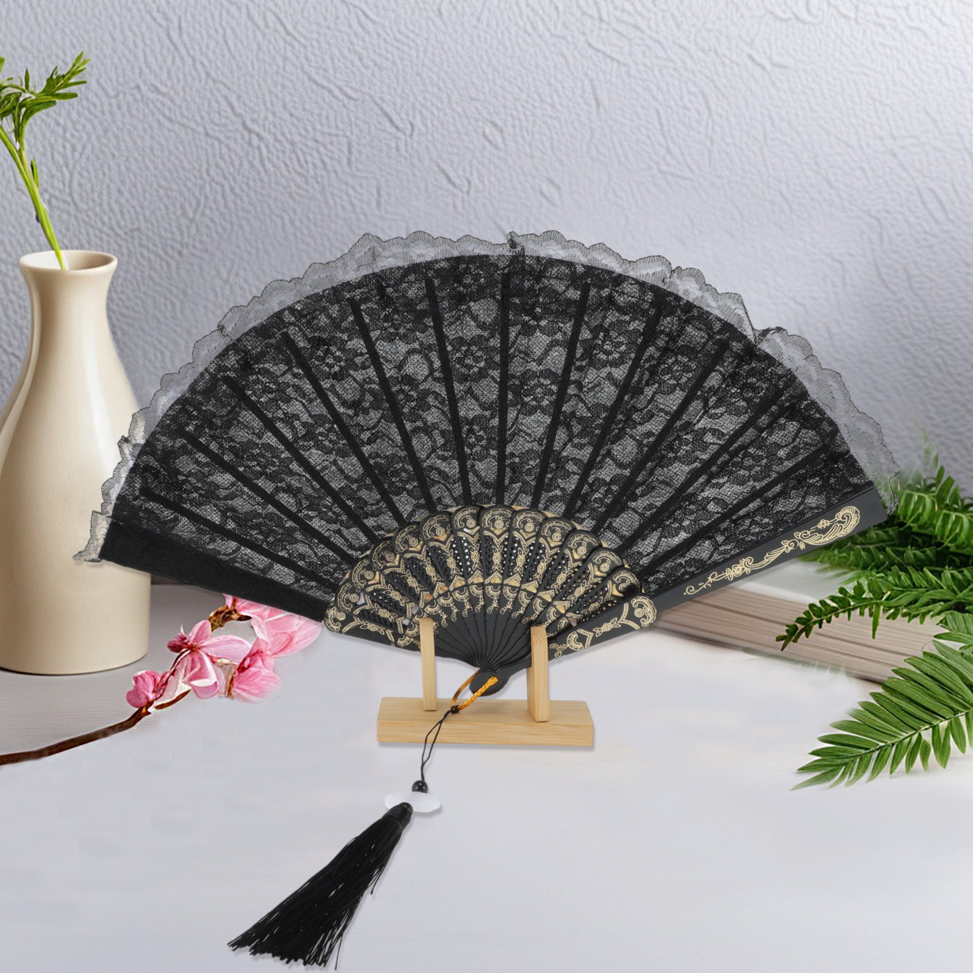 Unique Bargains Lace Trim Orchid with Tassel Folding Fan 1 Pc Black