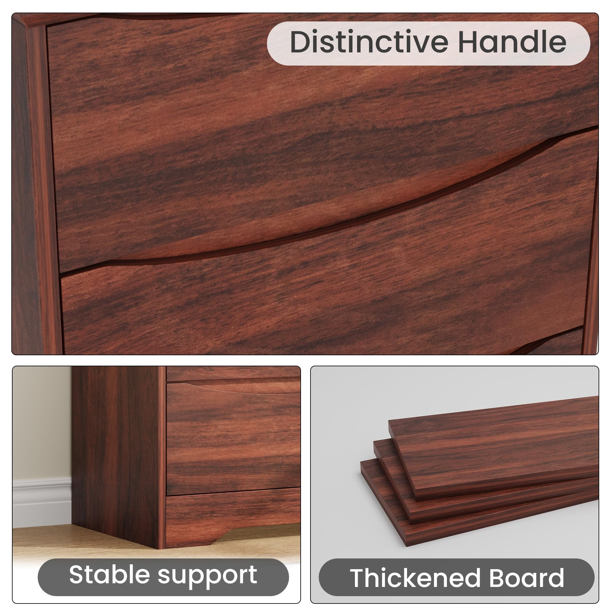 Kicctian Modern Dresser with 3 Deep Drawers, 30" Tall Wooden Storage Cabinet for Bedroom, Living Room, Entryway, Red Walnut