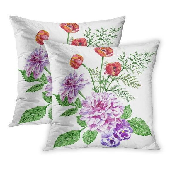 BOSDECO Autumn Purple Peonies Red Poppies and Violets Large Bouquet of Garden Flowers Watercolor Hand Great Bloom PillowCase Pillow Cover 20x20 inch Set of 2
