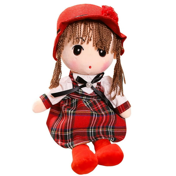 Muñeca de peluche suave de 60 cm para niña de dibujos animados con tela escocesa roja