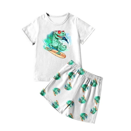 Landzoo Boys Outfit Set Dinosaur Print Short Sleeve Crew Neck T Shirt With Cartoon Print Shorts Set Summer Home Cozy Soft Toddler Kids Boys Outfit Size 4-5 Years White