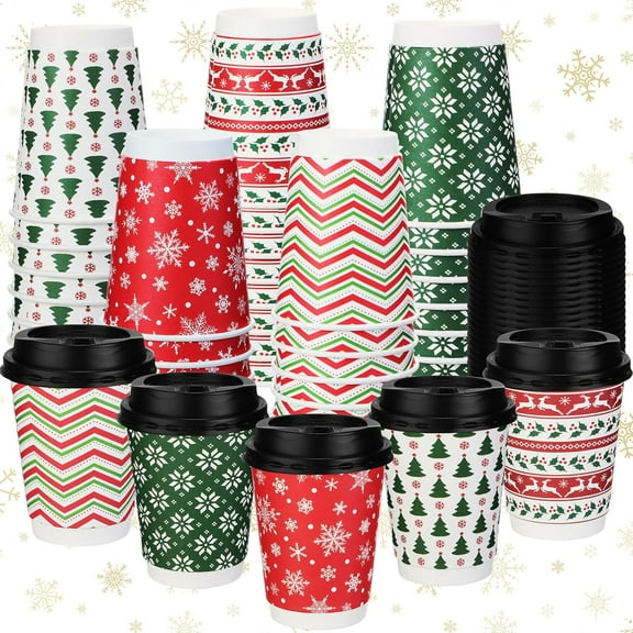g 100 Pack 12oz Christmas Paper Cups with Lids Christmas Holiday Hot Cocoa Disposable Cup for Coffee Chocolate Tea Beverage Xmas Party Favor(Tree)，Disposable cup