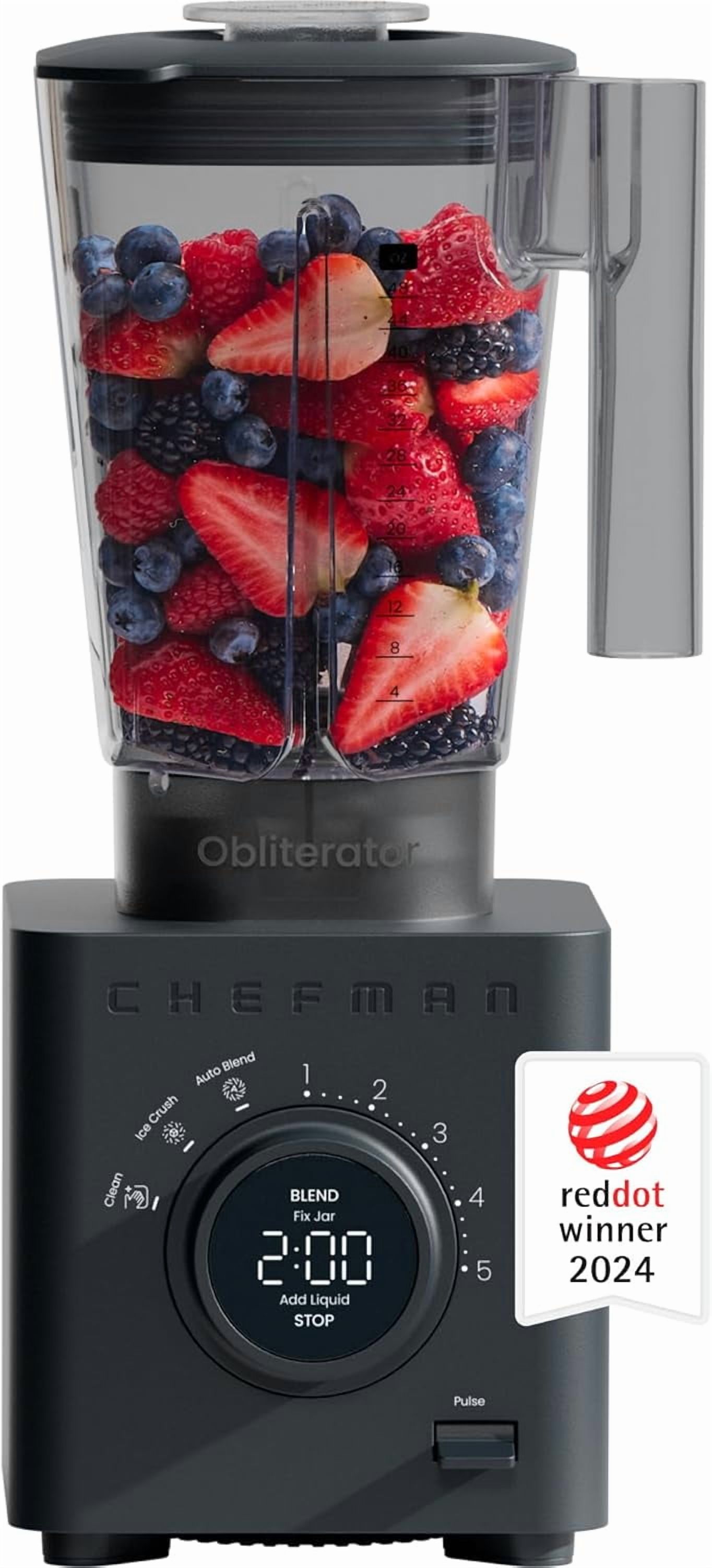 **obliterator 48 oz countertop blender for smoothies, 1380w motor to crush ice, nuts, and frozen fruit with stainless steel blade, auto blend function, includes tamper and scraper - midnight