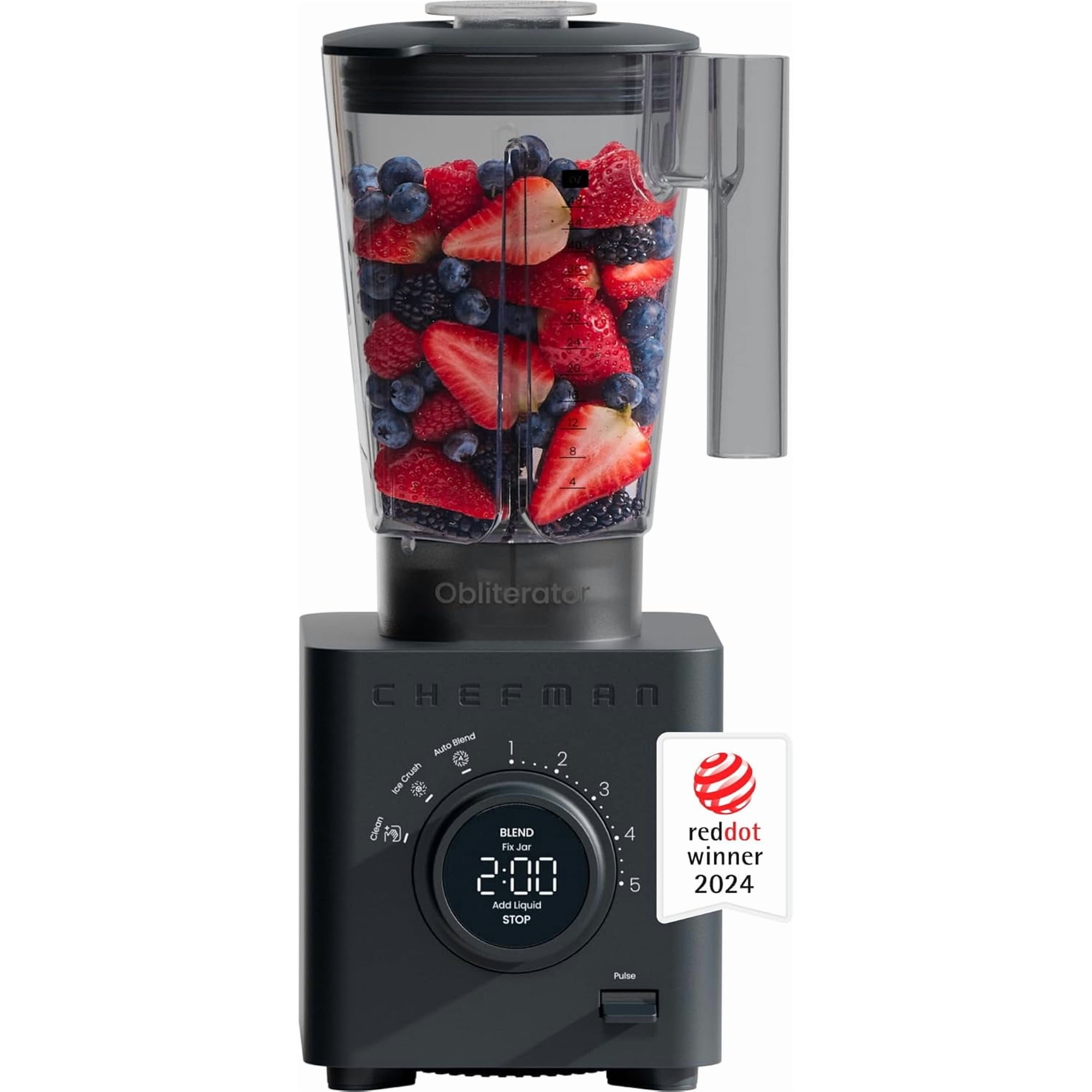 **obliterator 48 oz countertop blender for smoothies, 1380w motor to crush ice, nuts, and frozen fruit with stainless steel blade, auto blend function, includes tamper and scraper - midnight