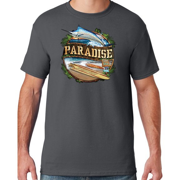 Mens Manu Bay Surf Company PARADISE SURF SHACK MARLIN T-shirt, Medium Charcoal Grey