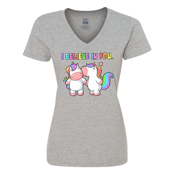 Inktastic I Believe in You Cute Rainbow Unicorns Women's V-Neck T-Shirt
