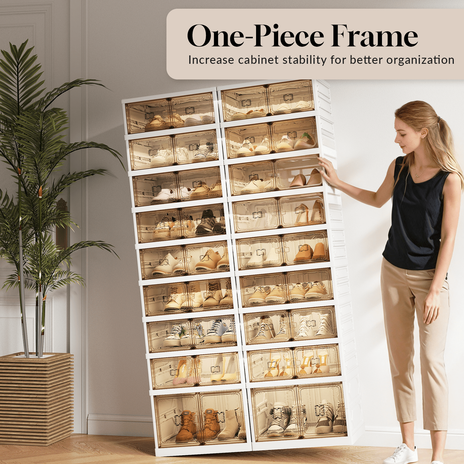 Bezliving 9-Tier Foldable Shoe Rack Organizer, 36 Pairs Stackable & Collapsible Shoe Cabinet with Transparent Doors & Leather Handles, Space-Saving Storage for Entryway, Closet, Kitchen, White