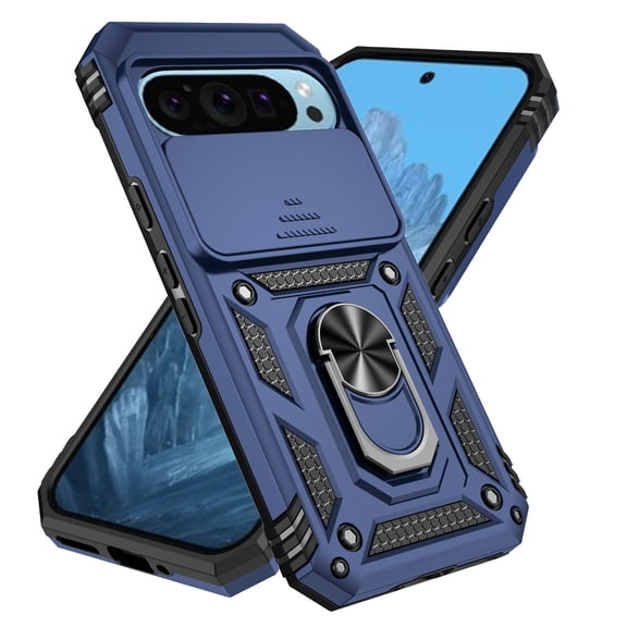 Kryonix for Google Pixel 10 Pro 6.3” Phone Case,with Slide Camera Protector,Military Grade Heavy Duty Protection Cover,360 Metal Rotating Ring Kickstand Holder,Armor Shockproof Case,Blue
