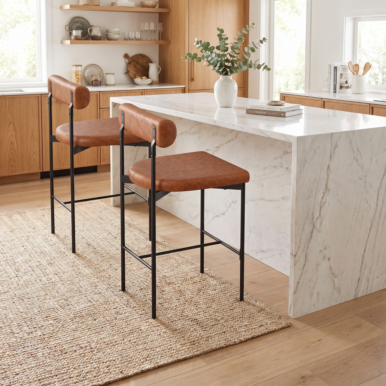 Furnibear 26 Inch Upholstered Bar Stools Set of 2 Counter Height Bar Chairs with Backrest for Kitchen Island Counter Bar Pub Dining Home, Brown